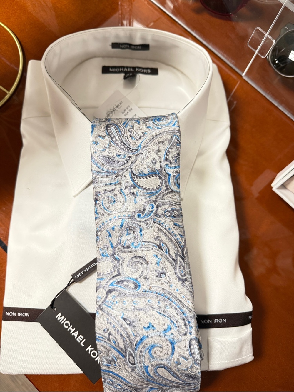 Michael Kors White Dress Shirt with Blue and Gray Paisley Tie